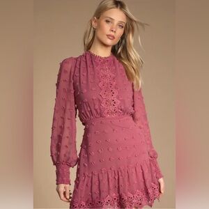 Lulus Lust or Love Mauve Embroidered Lace Long Sleeve Dress